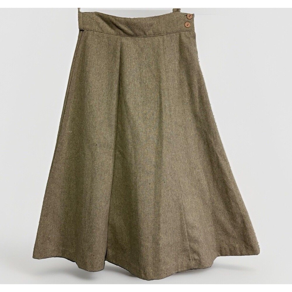 Vtg 80s Wool Blend Midi Skirt Taupe A-Line Cottagecore W23” Academia Deadstock